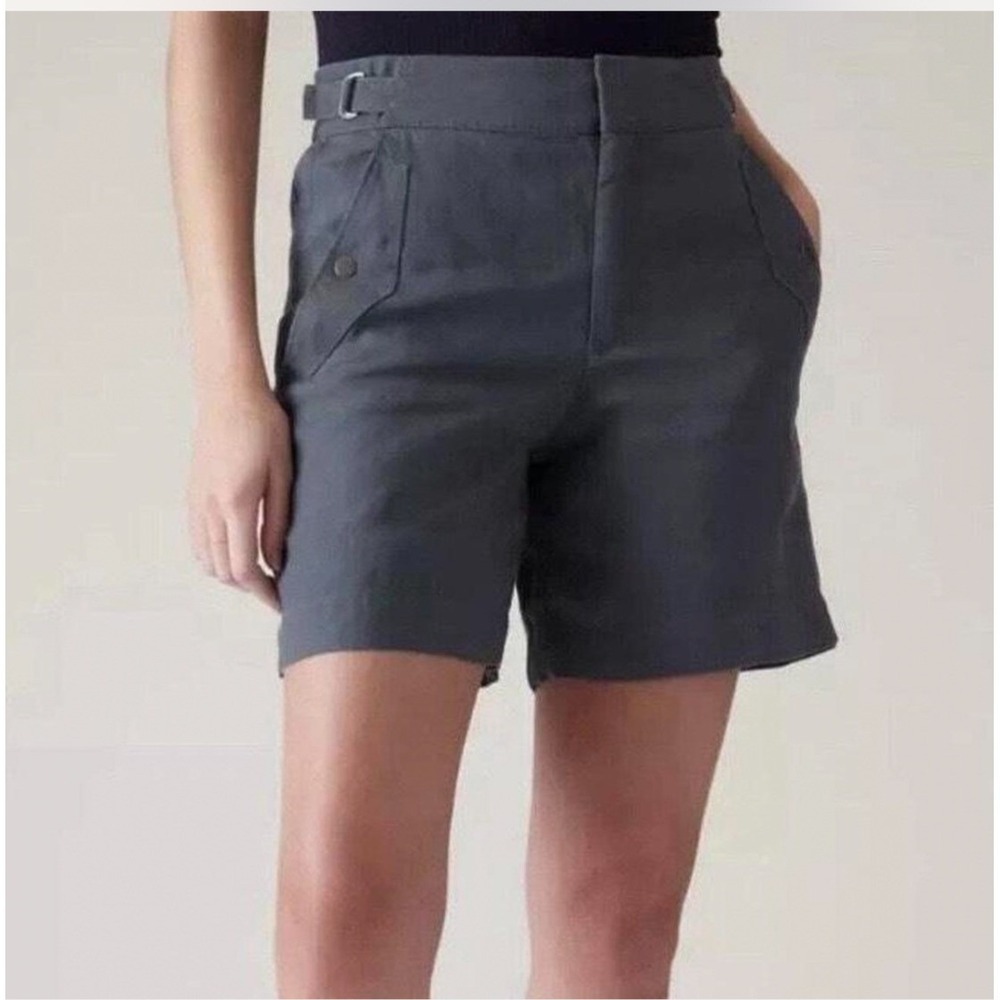 Athleta Voyager Linen Shorts Granite Blue High Rise Adjustable Waist Size 4 NWOT